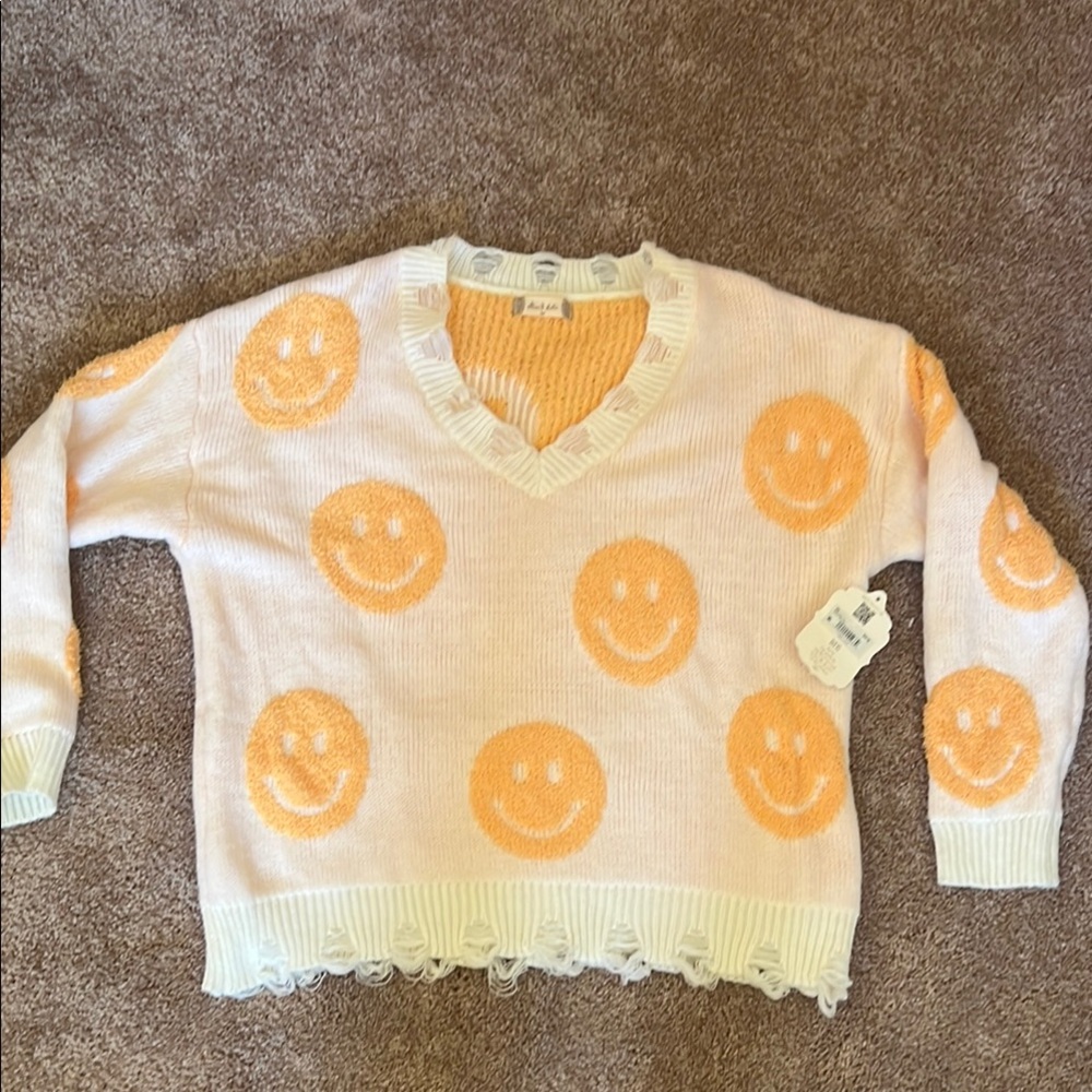 Smiley Face Sweater in Peach and White